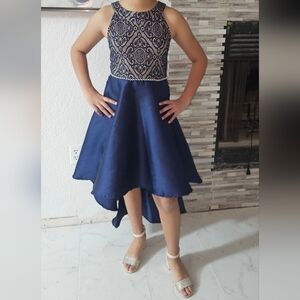 Xtraordinary Girls Satin High-low Party Dress Size 12 Navy Blue Pearls